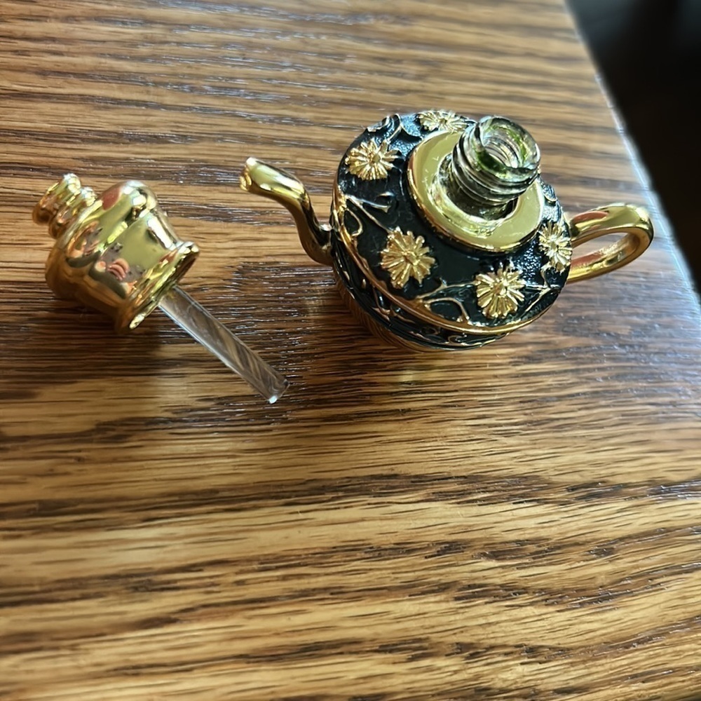 Perfume bottle with glass wand heavy gold-tone with navy blue enamel flower gems - Picture 7 of 10